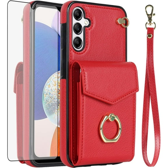 Phone Case for Samsung Galaxy A14 5G Wallet Cover with Tempered Glass Screen Protector and RFID Blocking Ring Stand Credit Card Holder Leather TPU Cell Accessories A 14 4G 14A G5 Women Men Red
