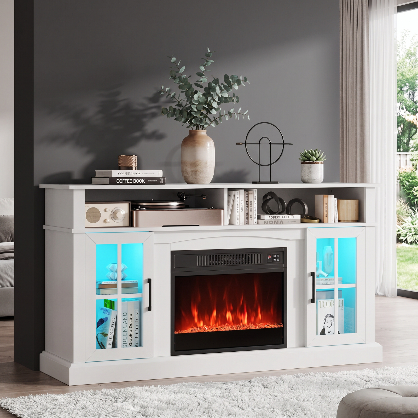 Furnibear 58 Inch Fireplace TV Stand Entertainment Center with LED Lights Storage Cabinets and Tempered Glass Doors for Living Room, White