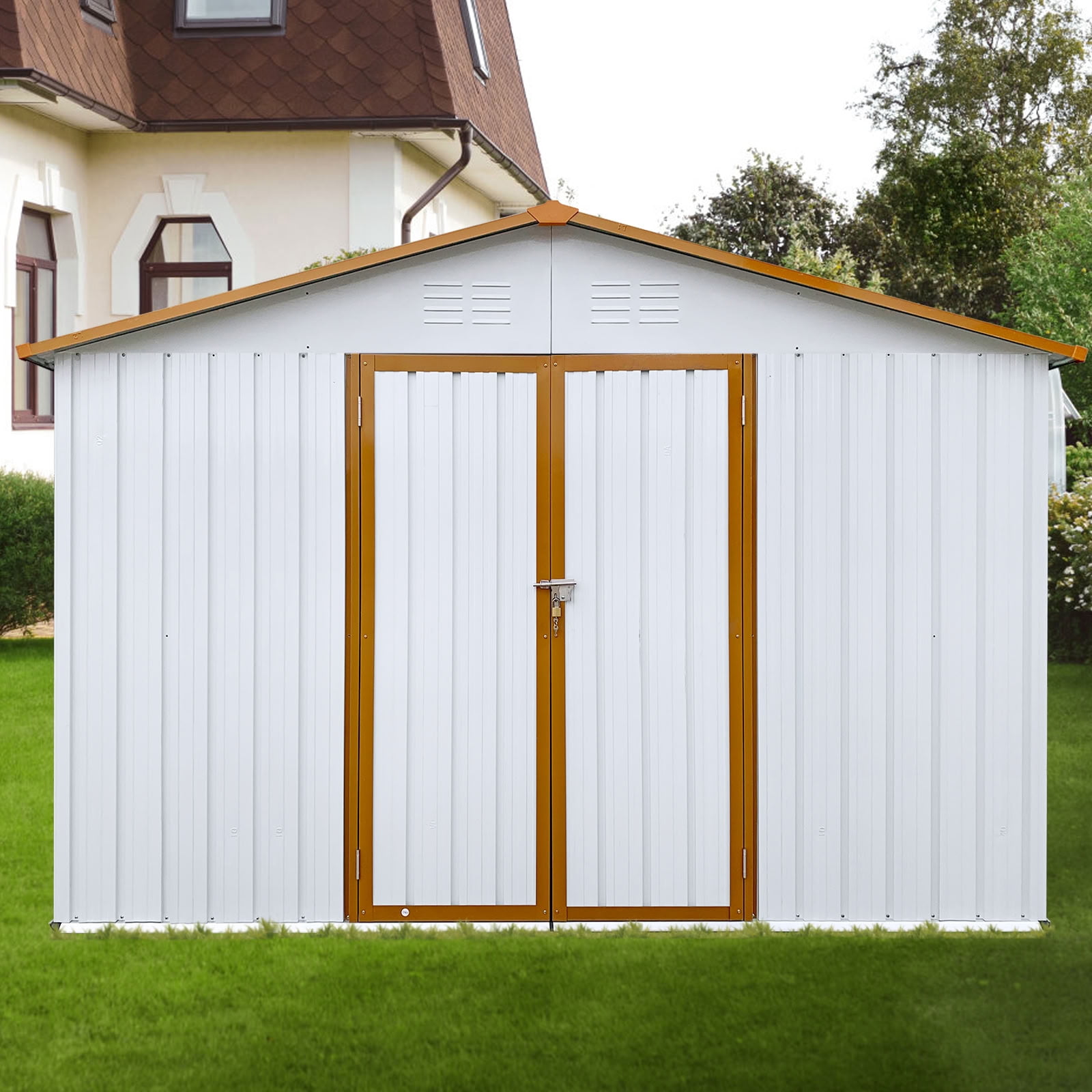 MAYEERTY 10x12 FT Outdoor Storage Shed, Galvanized Steel Garden Shed with Hinged Lockable Door, Vents, for Backyard, Patio & Lawn (No Floor Included)