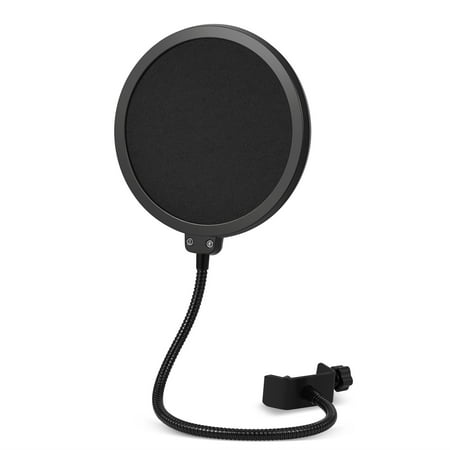 Microphone Pop Filter for Mic Shield Spit Guard, Audio Screen Dual Mesh Mask Foam w/ Goose-Neck Swivel Mount Stand for Professional Singing Recording & Broadcast (6 inch, Circle, Black)