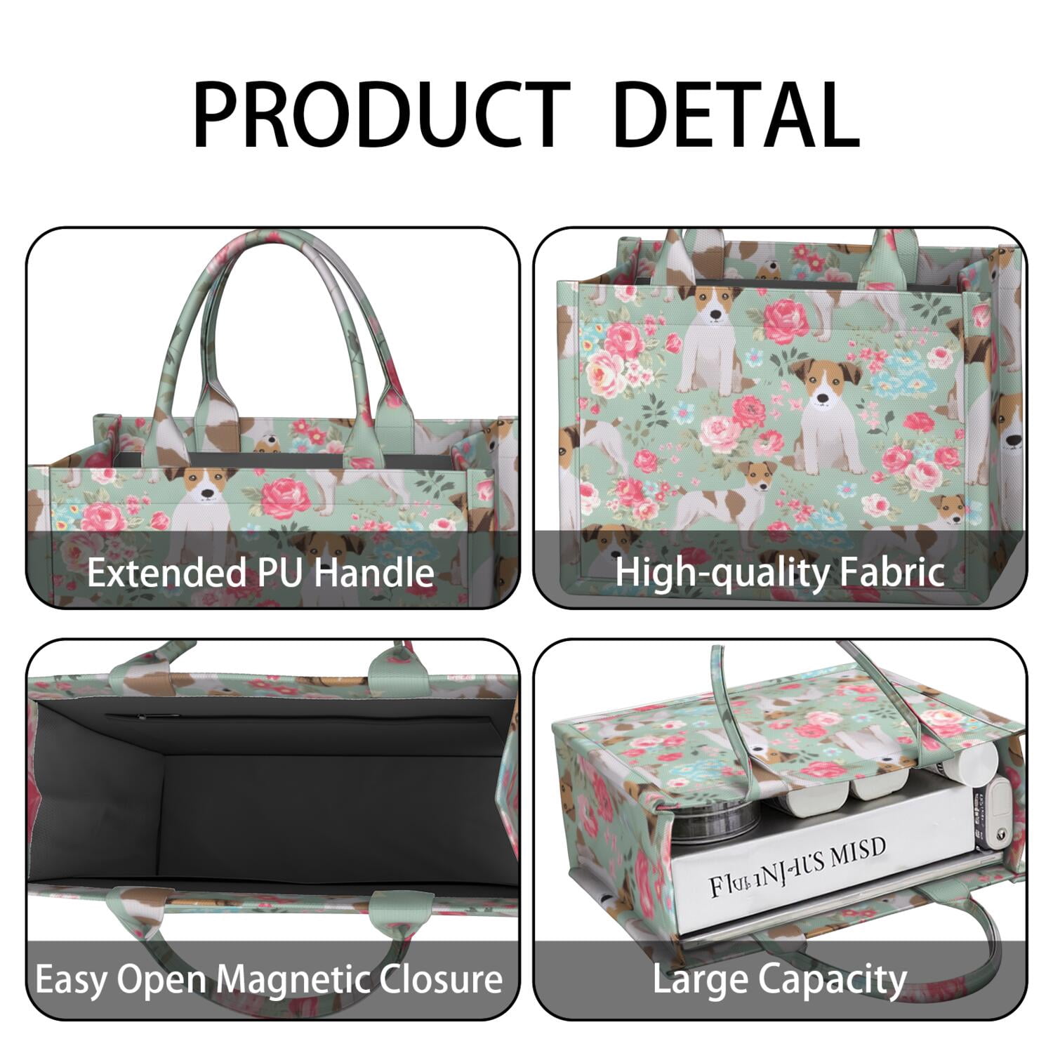 Large Capacity Tote Bag,Jack Russell Terrier Dog and Flower Handbag Fashion Luxury Tote Bag,15.7"x13"x 5.1" Inches,Laptop Compatible