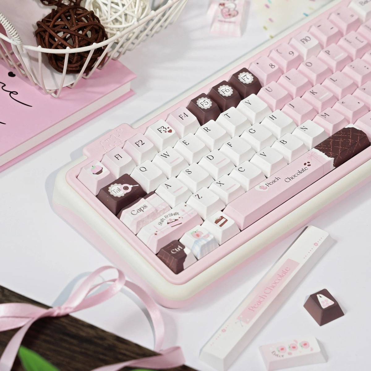 Original Peach Pink Cream Heart-Shaped Keycaps, Custom Mechanical Keyboard Keycaps – 4 Styles: OEM Heart Version (Full Set 149 Keys + Keycap Puller / Mini Set 130 Keys + Keycap Puller), FOA Heart Ver