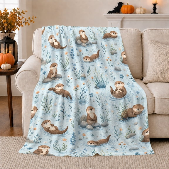Whimsical Otter Scene Watercolor Illustration, Festive Botanical Garden Scene, Warm Flannel Blanket for Sunroom and Reading Nook, Garden Lovers Housewarming Gift, Botanical Home Decor