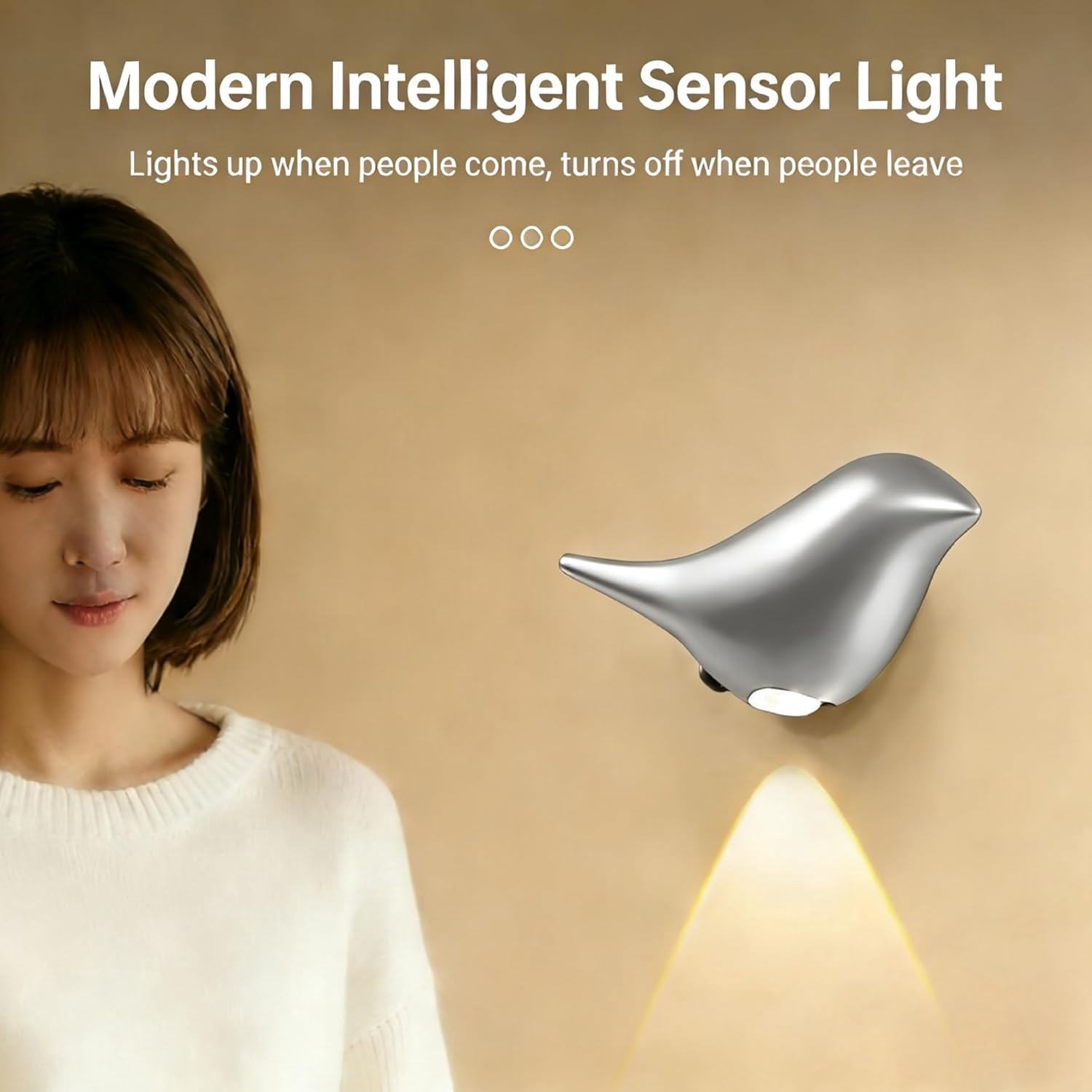 Modern Bird Motion Sensor Wall Light – Magnetic Wireless Night Light with 3 Color Modes (Warm/Neutral/White), Type-C Rechargeable LED Wall Sconce for Bedroom, Hallway, Nursery, Bathroom (Silver)
