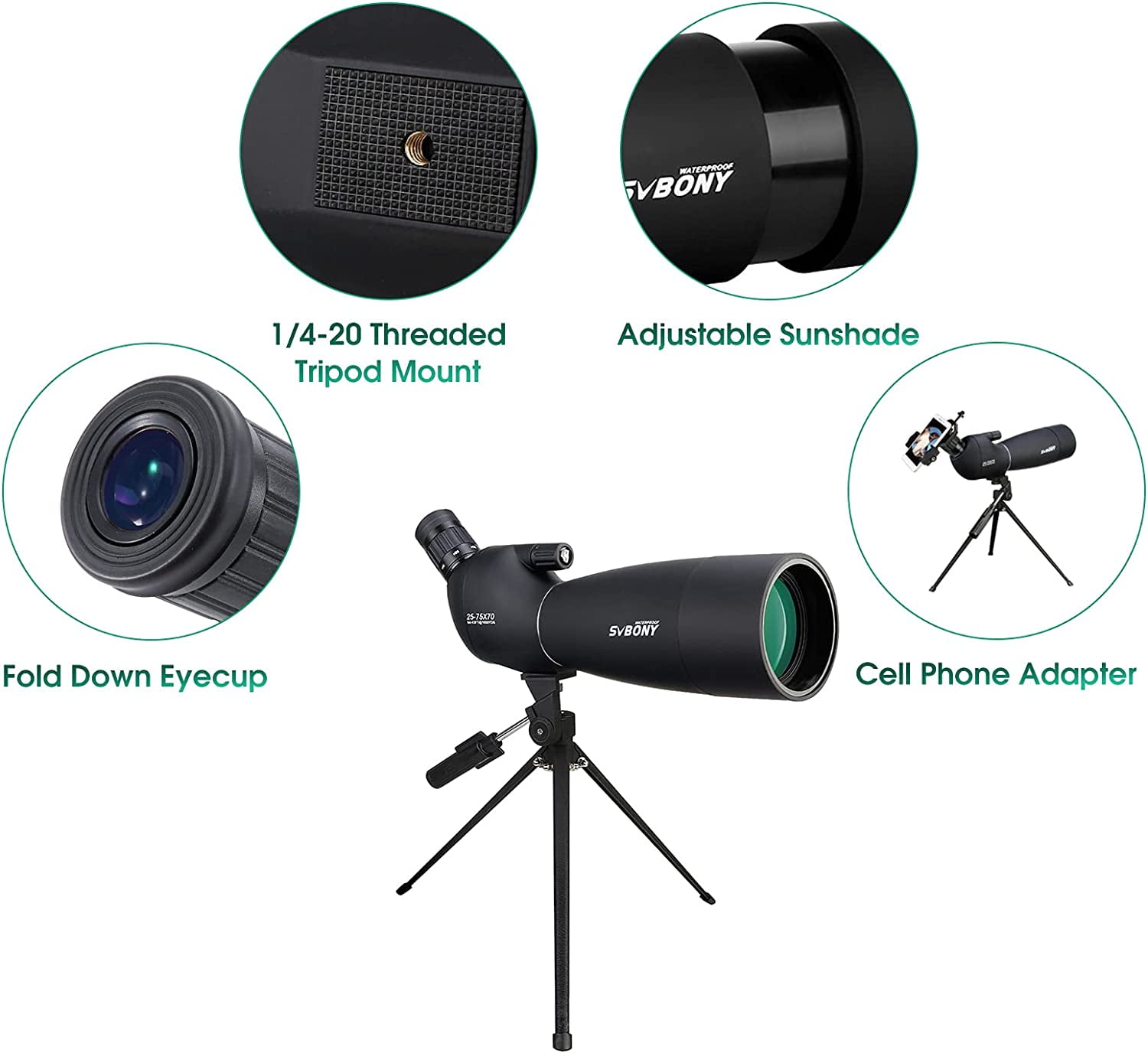 SVBONY SV28 25-75x70 Spotting Scopes, HD Spotting Scope with