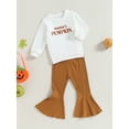thumbnail image 3 of Wassery Kids Girls 2PCS Halloween Clothes Toddler Girls Fall Outfits Set Long Sleeve Letter Print Sweatshirt Solid Color Flared Pants 3-8 Years, 3 of 8