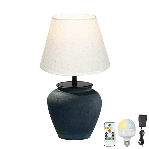 FSLiving Rustic Terracotta Ceramic Pot Table Lamp Rechargeable Battery Operated RGB Bulb by Remote, Wireless Timer 15 Color Temperature Beige Fabric Shade Cone Shape, Dimmable Mushroom, Dark Blue