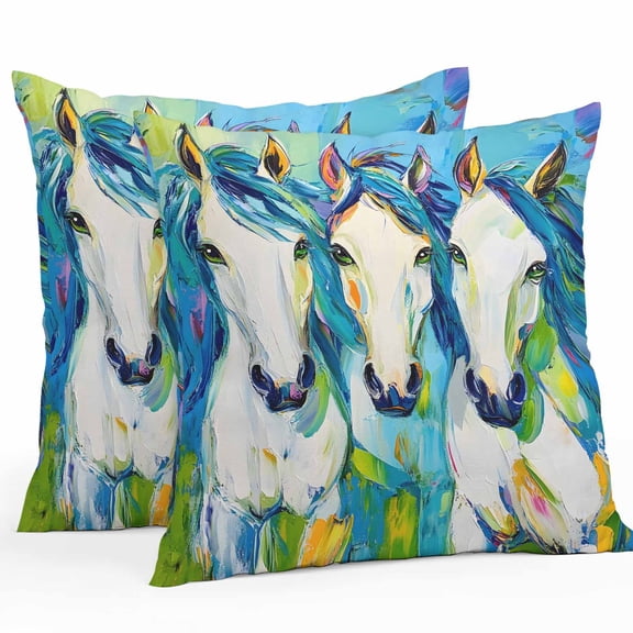 Waterproof Throw Pillow Covers Set of 2, 26x26 Inch Blue Green Horse Decorative Pillowcases Outdoor Pillow Slip Cushion Covers Set for Couch Tent Abstract Oil Painting Animals