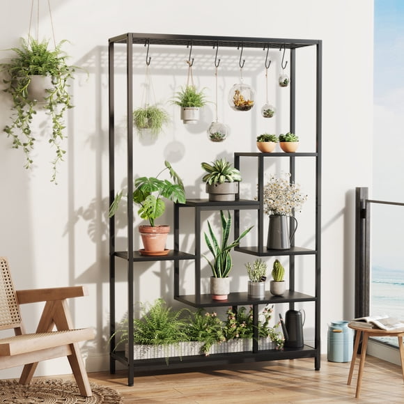 Support à Plantes Haut à 5 Niveaux, Grande Étagère d'Exposition en Métal et Bois de 70,9 Pouces avec 6 Crochets Suspendus – Pot de Bonsaï Polyvalent et Support à Fleurs pour Salon, Balcon, Jardin – Grain de Bois Noir