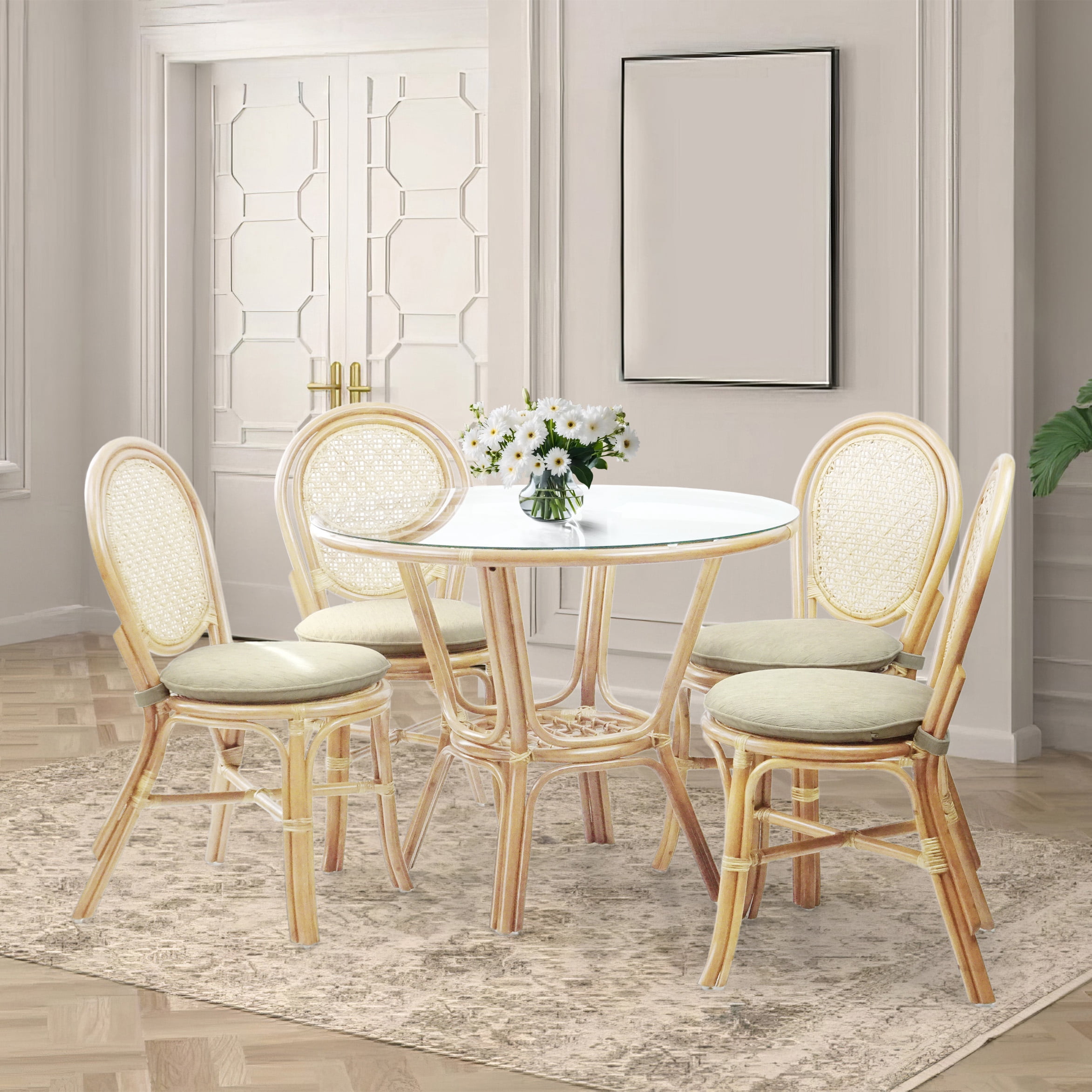 Set of 4 Denver Dining Handmade Wicker Side Chairs with Cream Cushions Natural Rattan, Natural Color