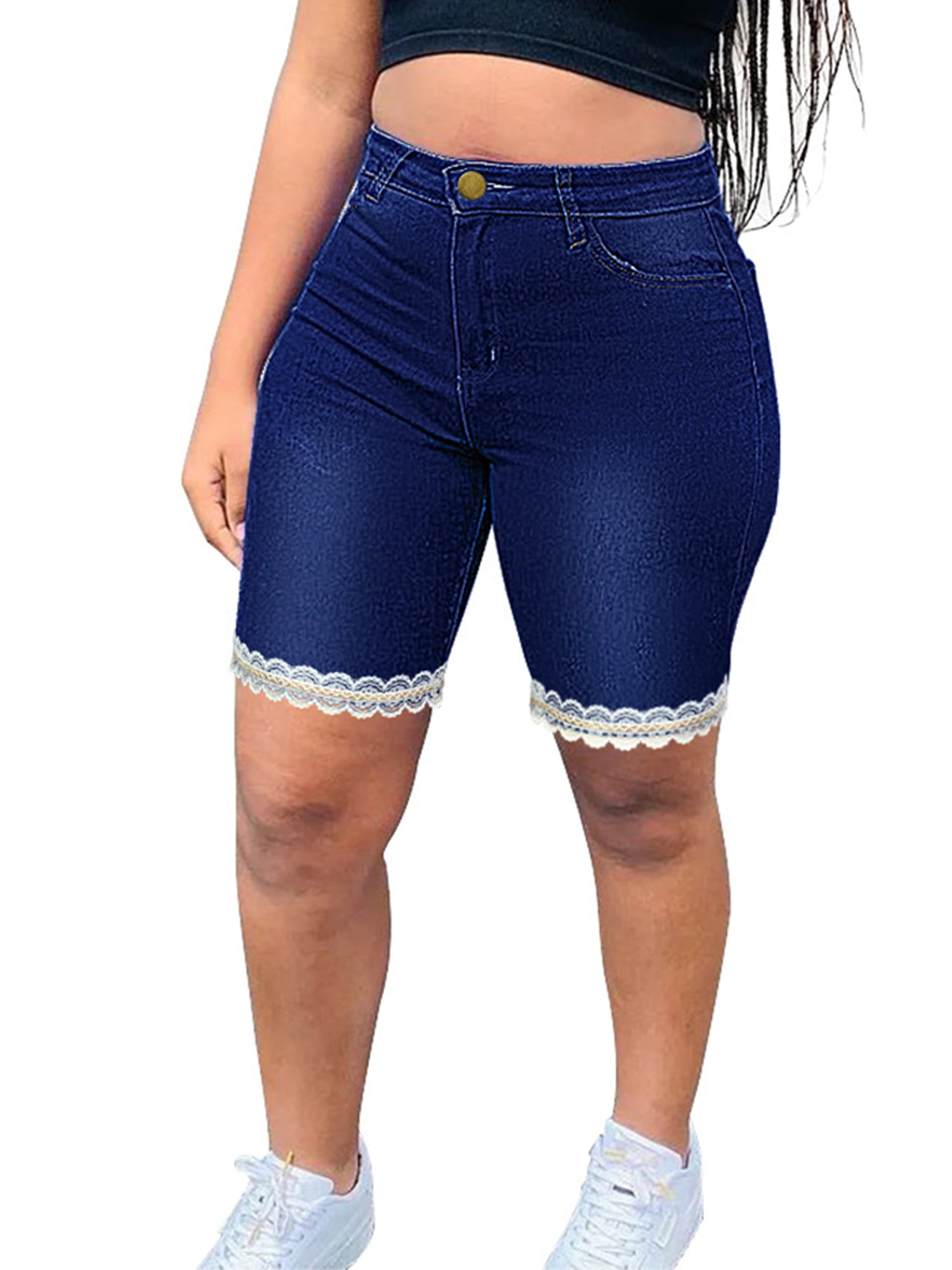 Opmærksom dagbog fossil Capreze Plus Size Women Lace Hem Denim Shorts Mid Waist Bermuda Shorts Slim  Solid Color Denim Bottoms Jeans - Walmart.com