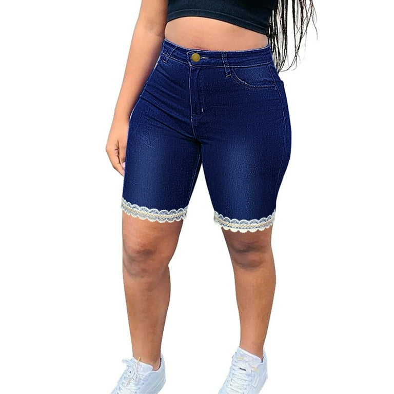 Frontwalk Women Slim Fit Pocket Jeans Shorts Plus Size Bermuda Lace Trim Denim Pants Solid Color Stretch Bottoms - Walmart.com