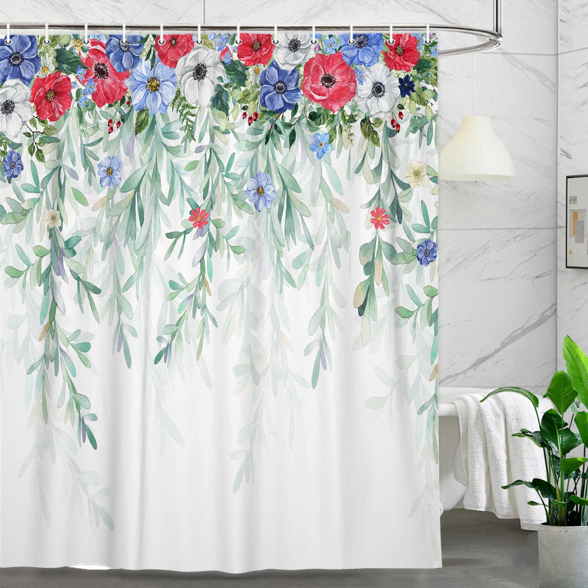 4th of July Shower Curtain, Red White and Blue Flowers Sage Eucalyptus Patriotic Leaves Independence Bath Curtain, Memorial Veterans Fabric Waterproof Home Decor Shower Curtain Set with Hooks, 72X72in