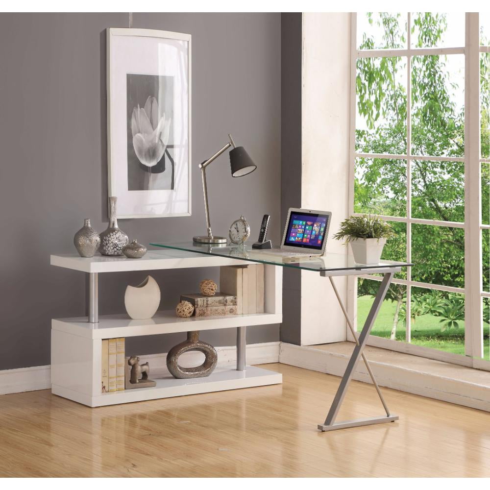 Writing Desk with Swivel, Clear Glass & White