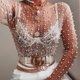 thumbnail image 5 of Camiseta De Malla Transparente Mujeres Sexy T-Shirts Fashion Glitter Pearl Rhinestone Slim Crop Top (Beige XL) Cgtredaw Para estrenar, 5 of 7