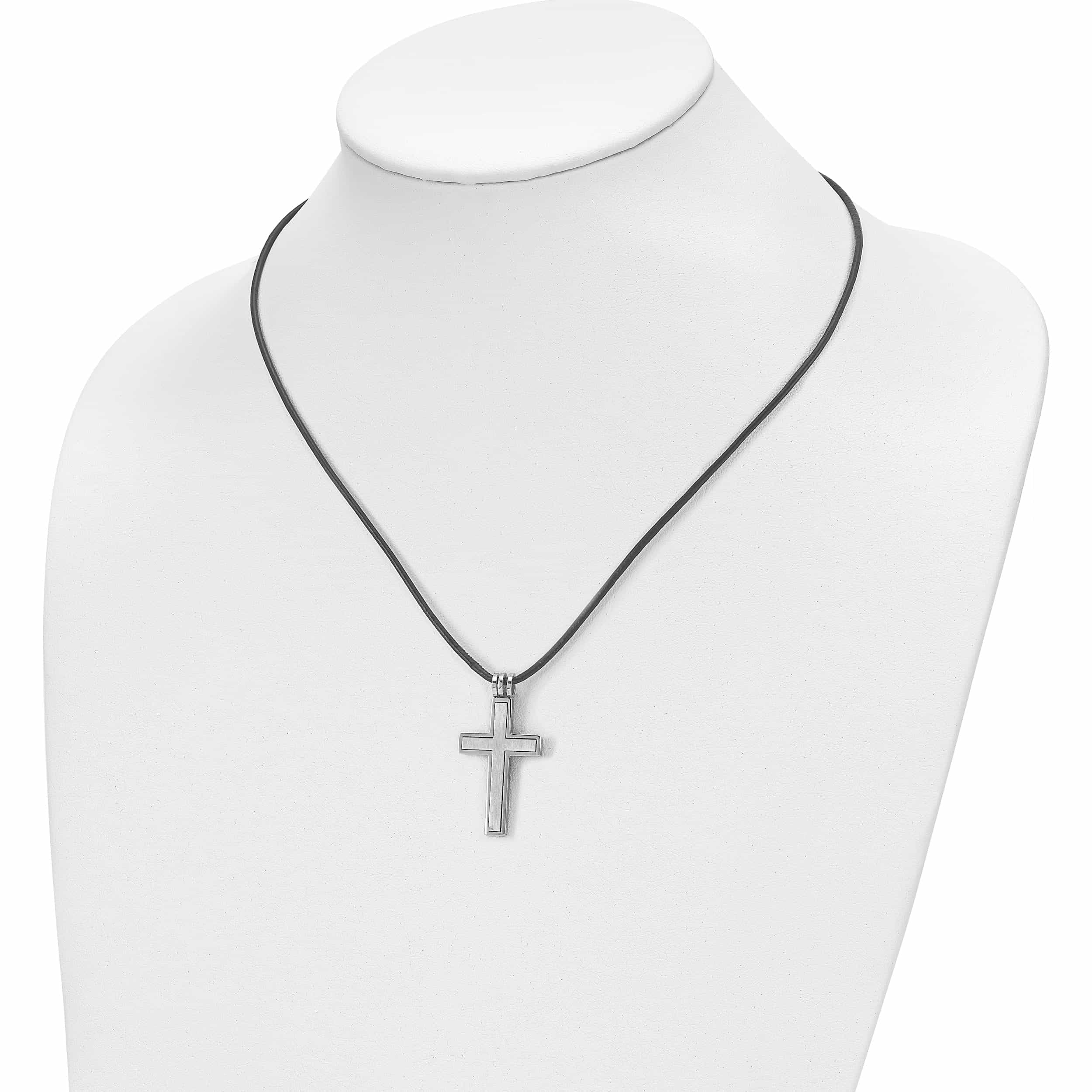 Stainless Steel Brushed & Polished Cross Leather Cord Necklace Made In China -Jewelry By Sweet Pea