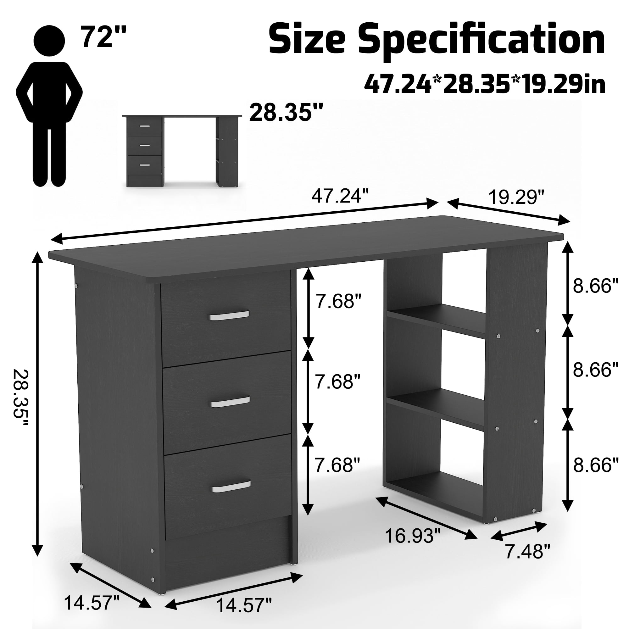 Chnnmbrn Computer Desk With Drawers,Standing Dressing Desk With Storage Racks,Writing Desk for Home Office , Bedroom,Black