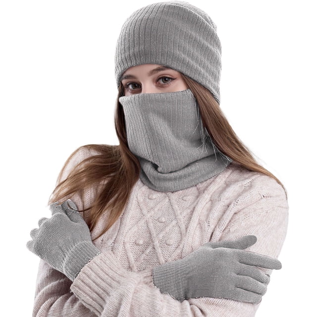 MIASHUI Winter Hat, Scarf, and Gloves Three-Piece Set, Unisex Outdoor Thick Cold Protection Scarf, Plush Ear Knit Scarf GY2