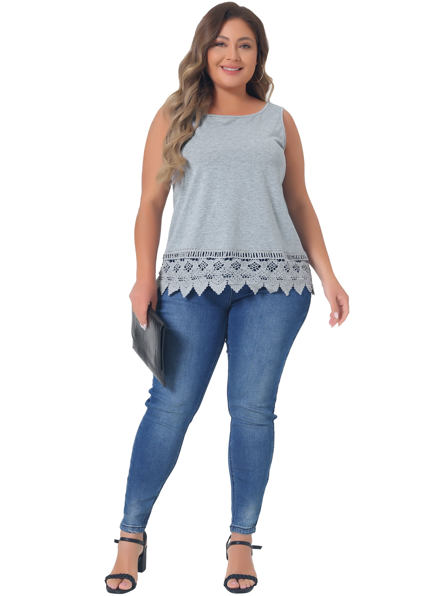 DARING DIVA Women's Plus Tank Tops Round Neck Swing Lace Panel Flowy Tops 3X Grey