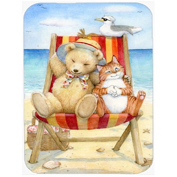 Summer Teddy Bear & Cat on Beach Glass Large Cutting Board