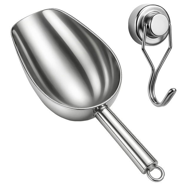 Stainless Steel Ice Shovel - Thickened, with Strong Hook, Ergonomic Handle, Large Capacity, Easy to Clean, Home/Commercial Use