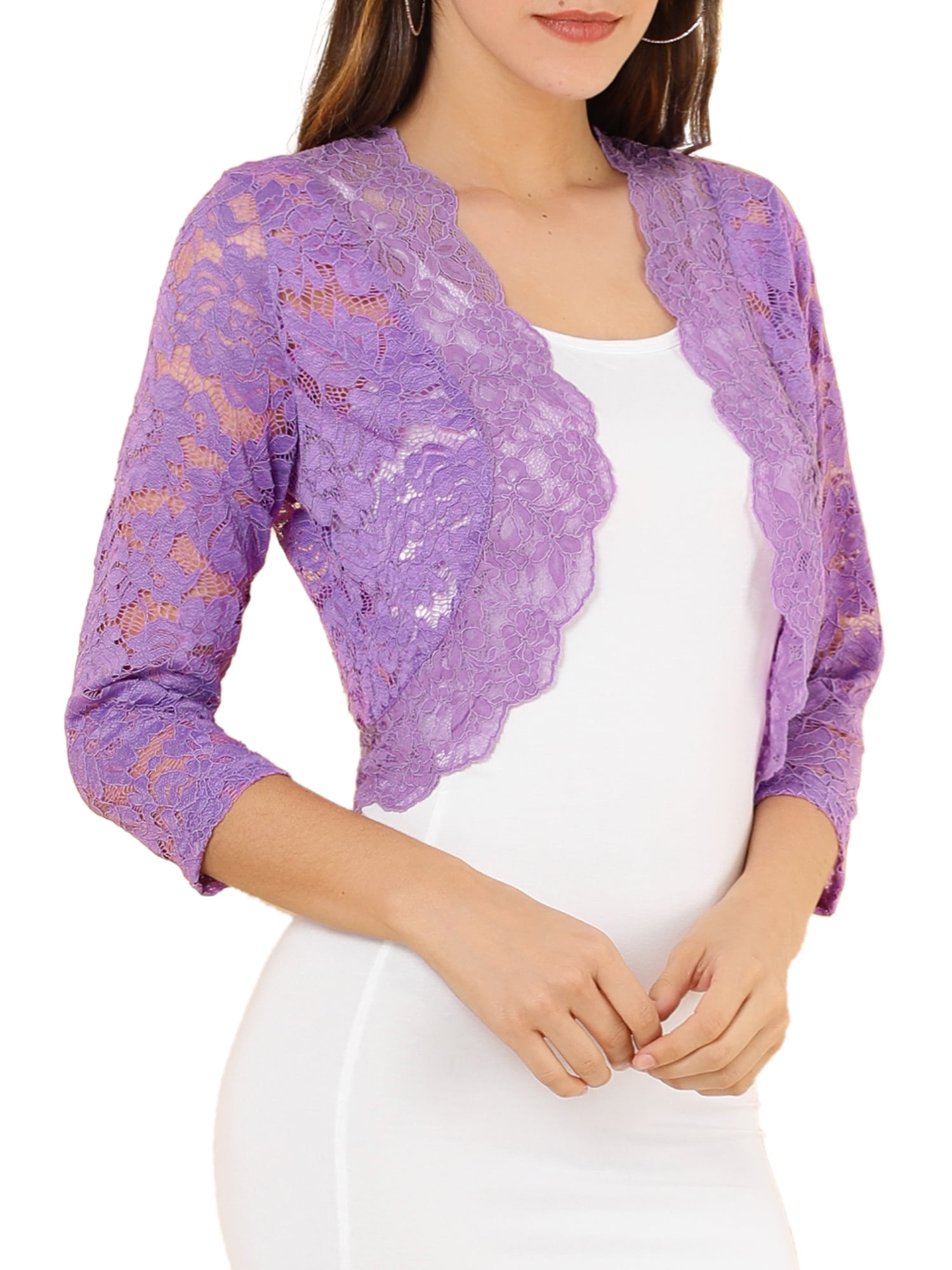 DARING DIVA 3/4 Sleeve Sheer Floral Lace Shrug Top M Purple
