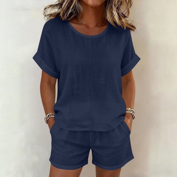 Gamivast 2 Piece Summer Outfits for Women Casual Linen Textured Short Sleeve Top and Drawstring Shorts Set Loose Fit Matching Lounge Sweatsuits Vacation Streetwear Pajamas Navy XXXL