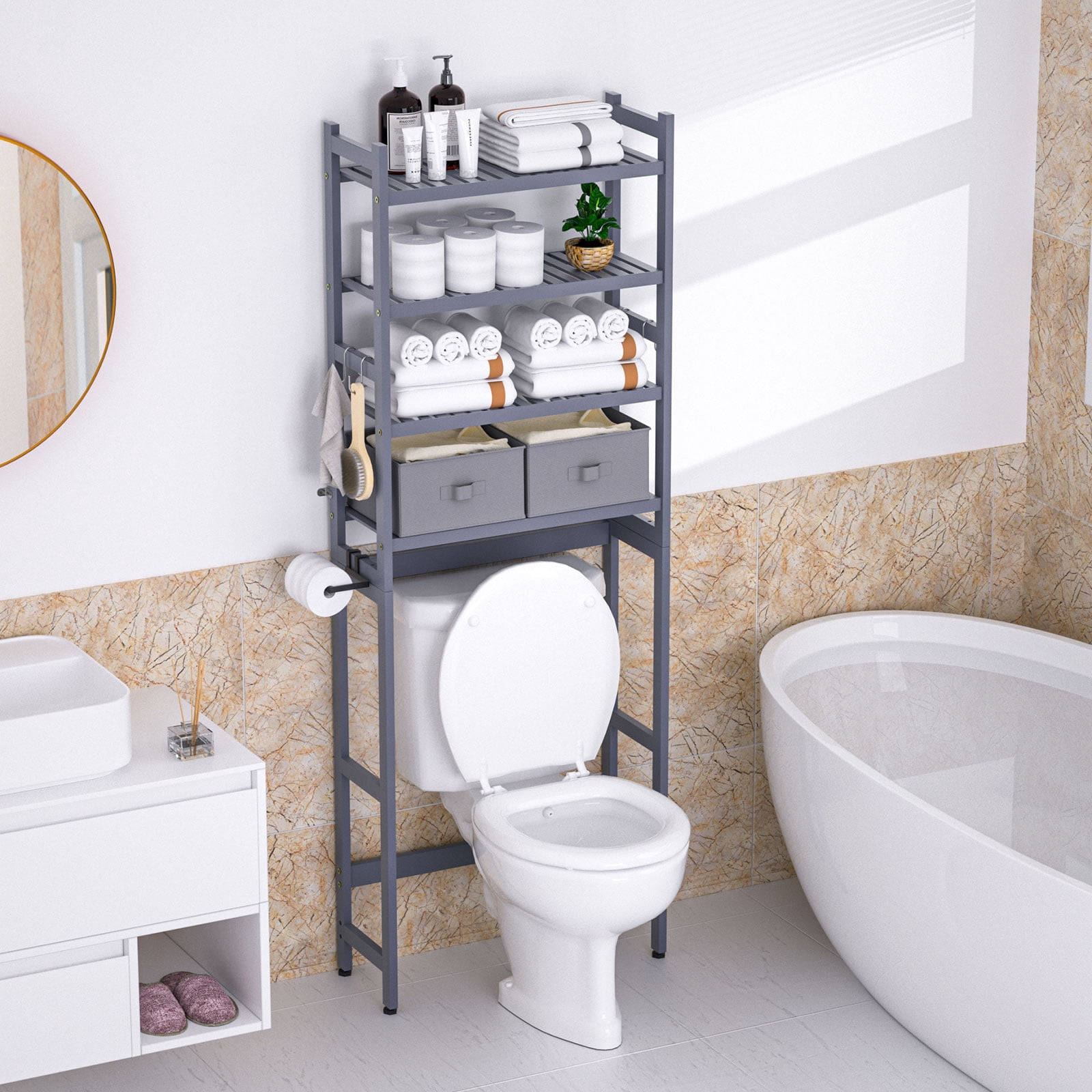 Enogets Over the Toilet Storage, Bamboo Bathroom Shelf Organizer with 2 Baskets & 4 Hooks, 4-Tier Space Saver