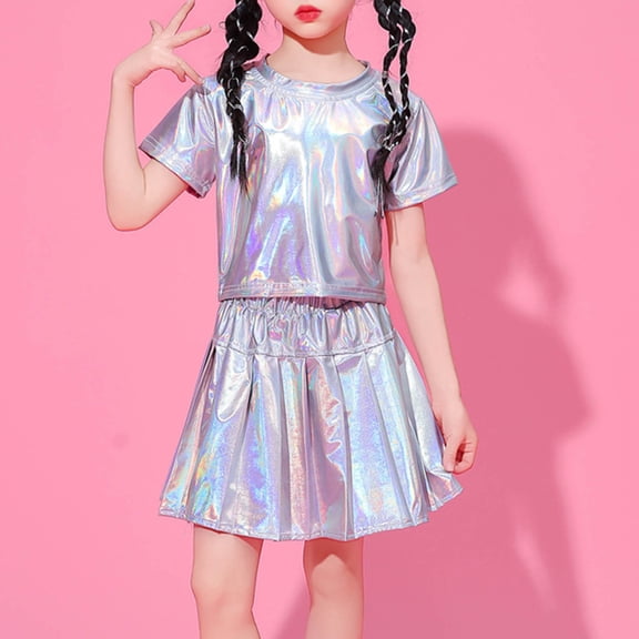 breaise 2Pcs Kids Girls Shiny Metallic Short Sleeve Crop Top with Pleated Skirt Set Dancewear Kids Short Sleeve Sparkly Dance Disco Outfits 3-15Y