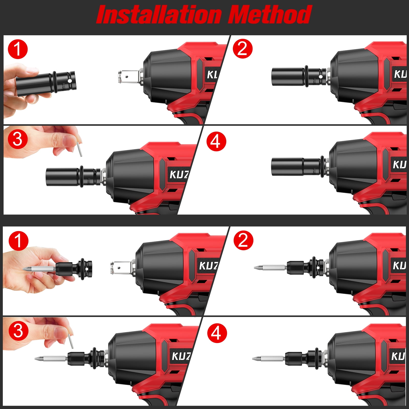 KUZUPRO Cordless Impact Wrench, Power Impact Gun 21V, 1/2 Inch, 4.0Ah Battery, 3100RPM & Max Torque 550N.m with 4 Impact Sockets, 6 Screwdriver Bits, 1 Hex Adapter for Car
