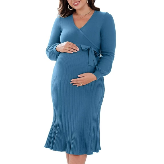 Asoul Maternity Warpped V Neck Pleated Dress Knit Midi Pregancy Dresses Ribbed Knit Nursing Clothes with Belt