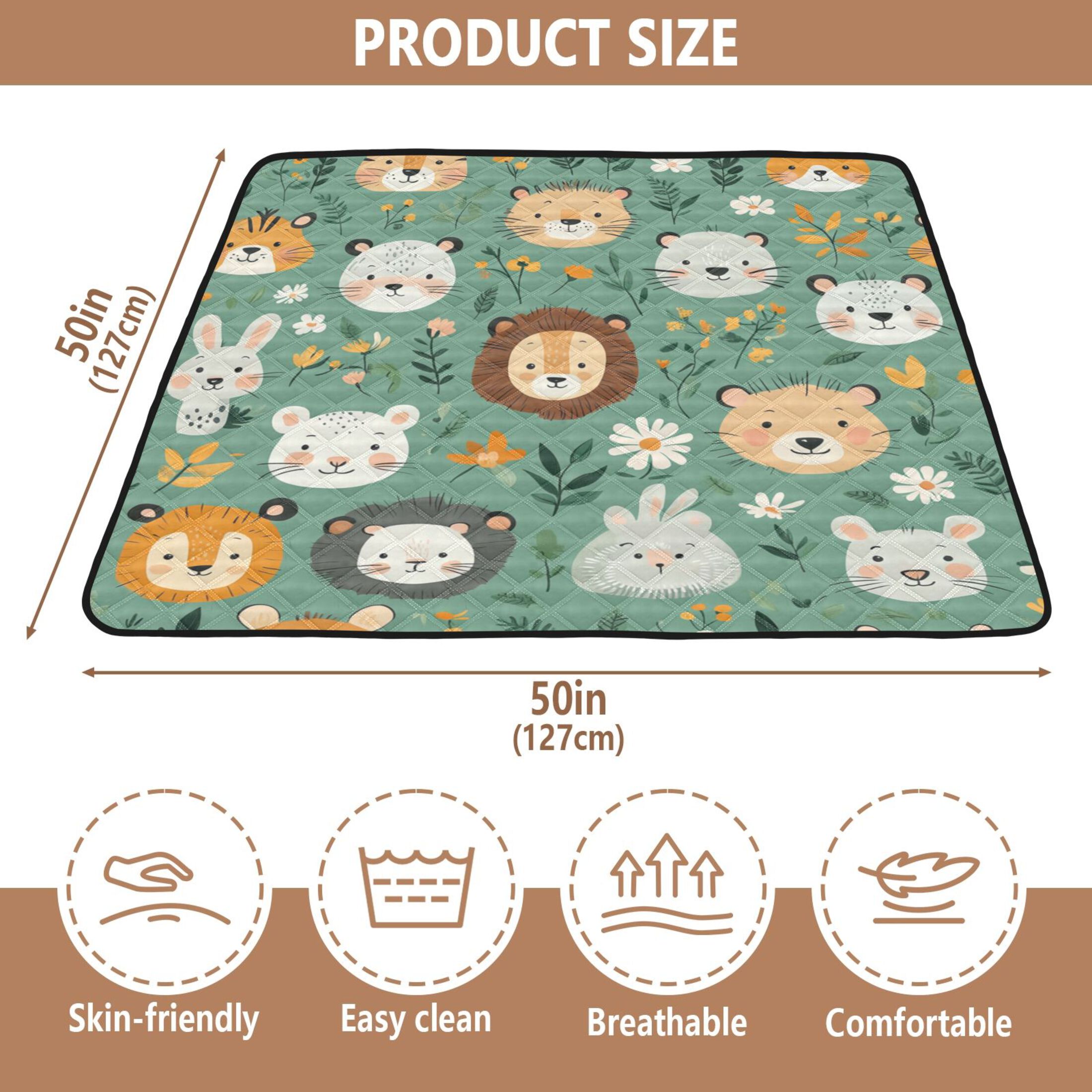 WOBOGO Cute Animal Faces in A Seamless Jungle Pattern Baby Playmats Extra Large Waterproof Rollable Activity Pads for Toddlers 50×50inch