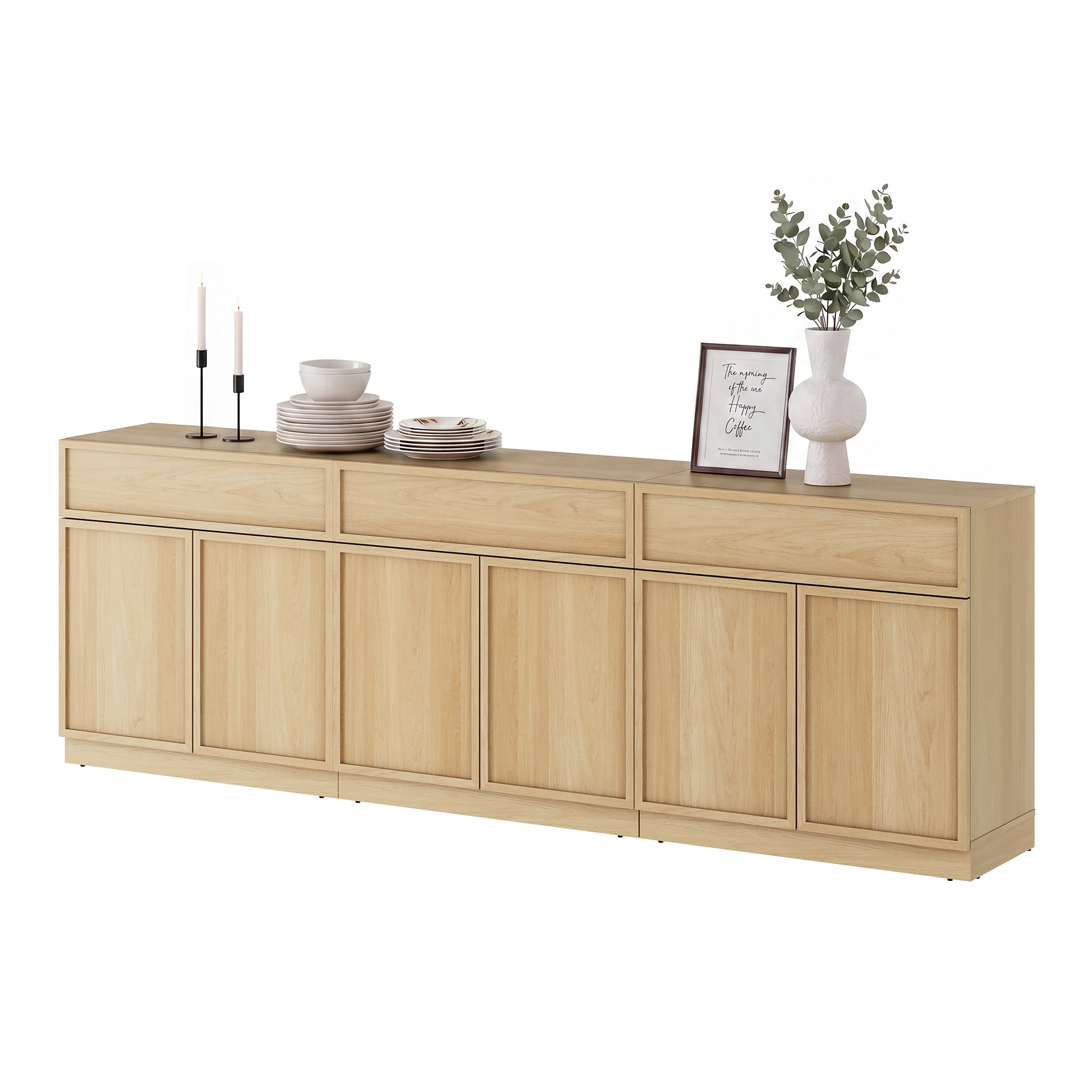 94.5" Modern Sideboard Buffet Cabinet with 6 Doors and Drawers, Multifunctional Sideboard with Large Storage and Adjustable Shelf, Oak