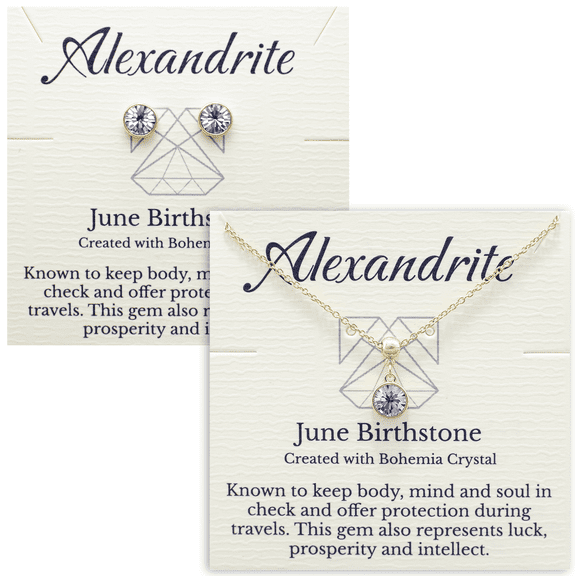 Gold June Birthstone Necklace and Stud Earrings Set with Bohemian Crystals, 14K Gold Plated, Birthday Month Gift, Great for Mom.