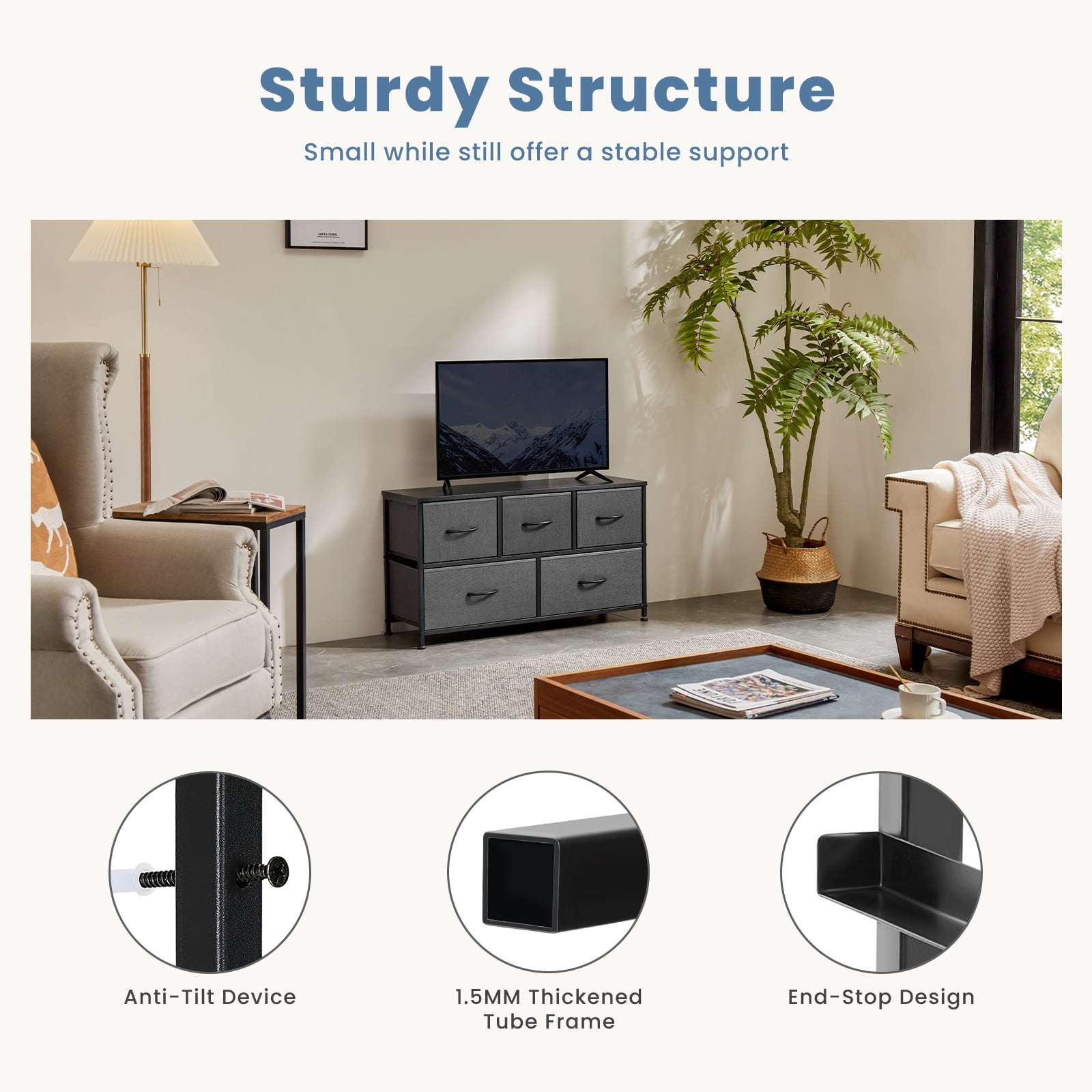 CONCETTA Dresser 5 Fabric Storage Drawer Dresser, TV Stand, Chest of Drawers for Bedroom, Closet, Entryway, Living Room, Gray