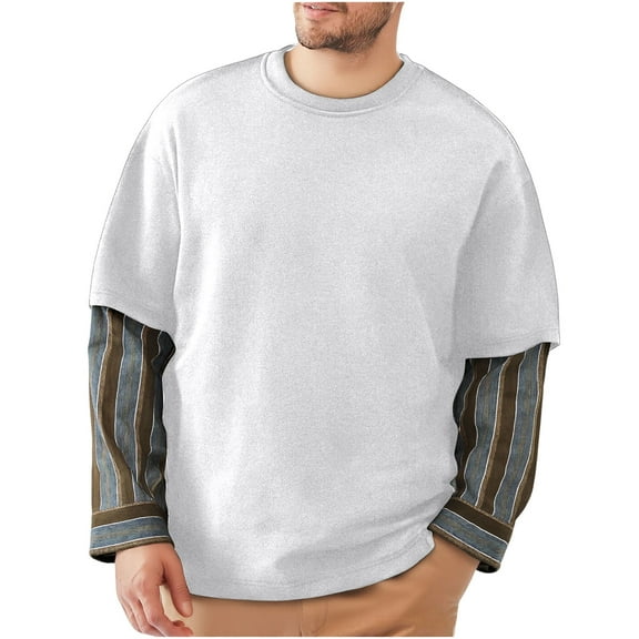 GuangCheng Mens Fake Two-Piece Long Sleeve T-Shirts with Striped Cuffs,Oversized Fit,Soft,Crewneck,Casual Sweatshirts,White,Size 3XL