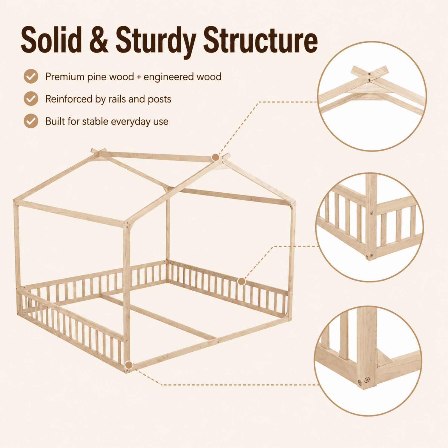 Miniyam Double Twin Floor Bed for Kids, House Bed with Guardrails and Open Entrance, Natural
