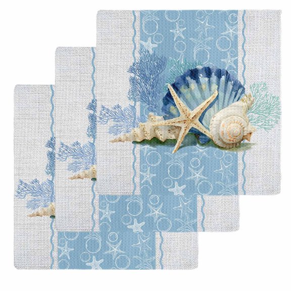 Blue Coastal Starfish Kitchen Dish Towels for Drying Dishes Set of 3, Vintage Grey Nautical Coral Summer Waffle Weave Microfiber Hand Tea Bathroom Towels Quick Dry & Absorbent Towel 12x12