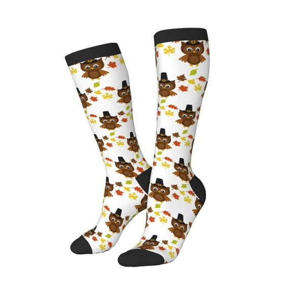 Knee High Socks for Women Men Athletic - Colorful maple leaf owl Thigh-High Black Sole Comfort Breathable Long Socks for Casual Travel Running