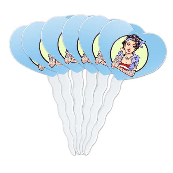 Rockabilly Retro Pin Up Girl With Tattoos Heart Love Cupcake Picks Toppers Decoration Set of 6