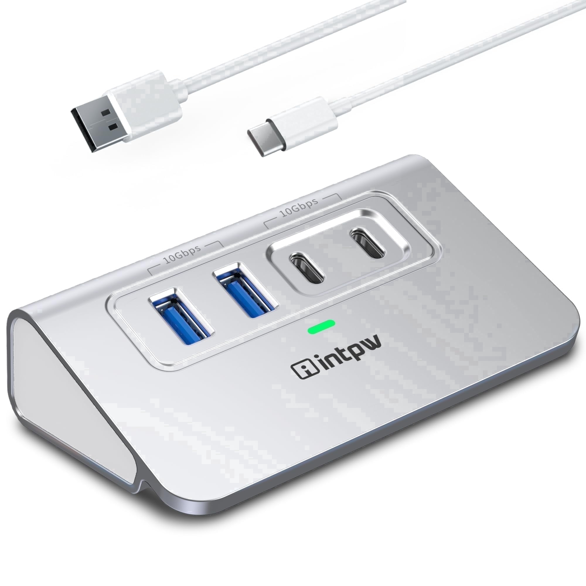 INTPW 4-Port USB C Hub, 10Gbps Data Hub with 2 USB-C and 2 USB-A Ports, USB-C to USB-A/C Splitter for Laptop, MacBook, iPad, Windows PC, Flash Drive and External Drive