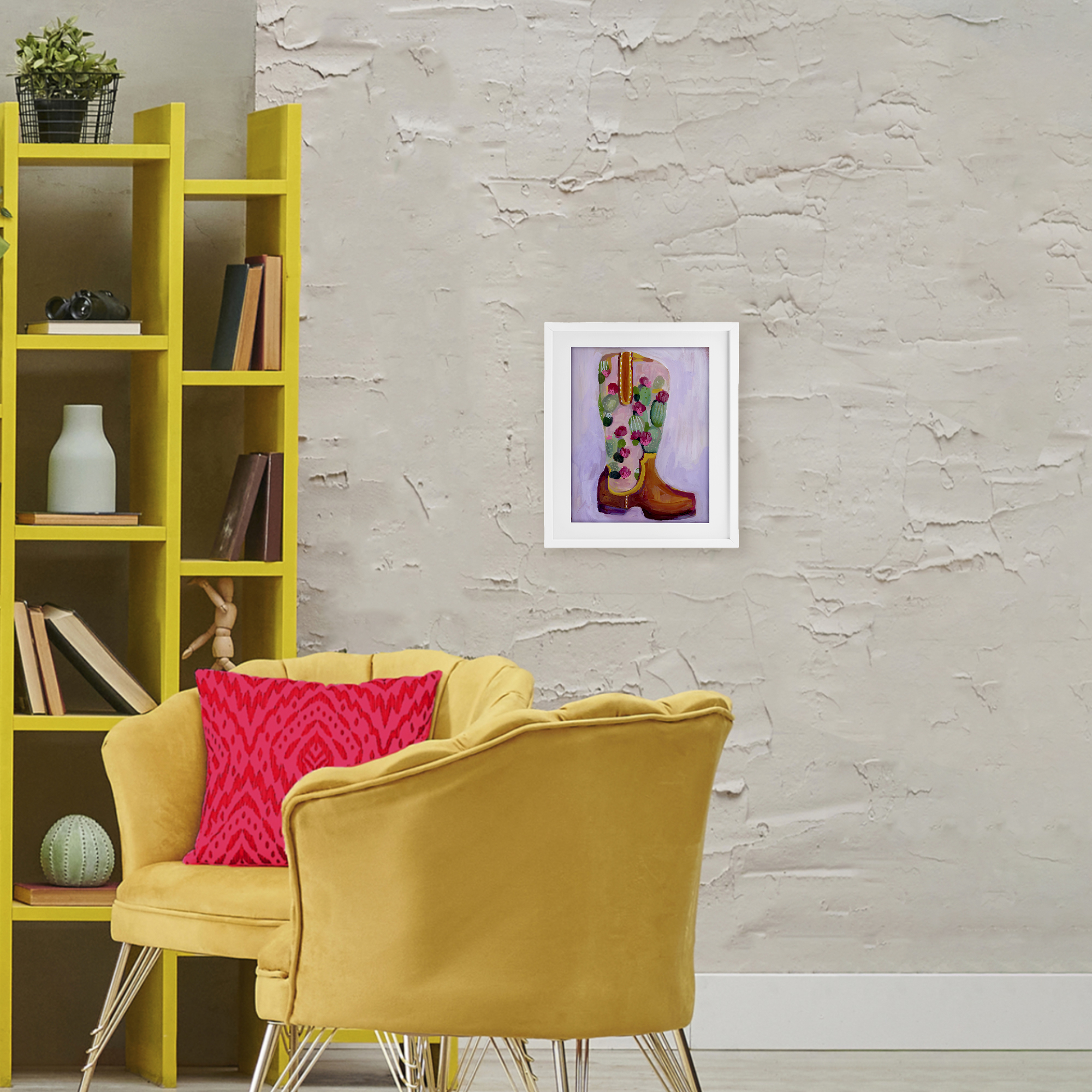 Desert Day Dream Boots White Framed Print Under Glass, design by Ashley Davis
