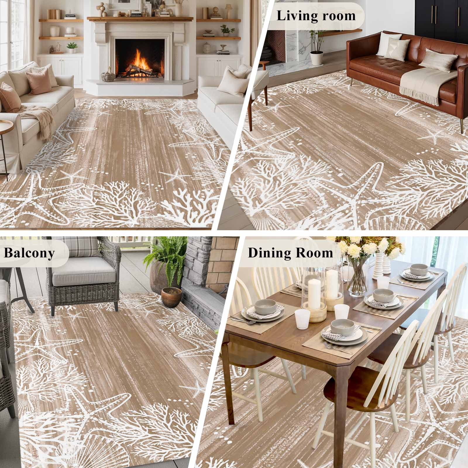 Brown Coastal Area Rugs 8'x10', Washable Small Throw Rugs for Living Room Patio, Summer Ocean Sea Ombre Starfish Corals Indoor Outdoor Rug Non-Slip Low Pile Carpet Runner Reversible Floor Mats