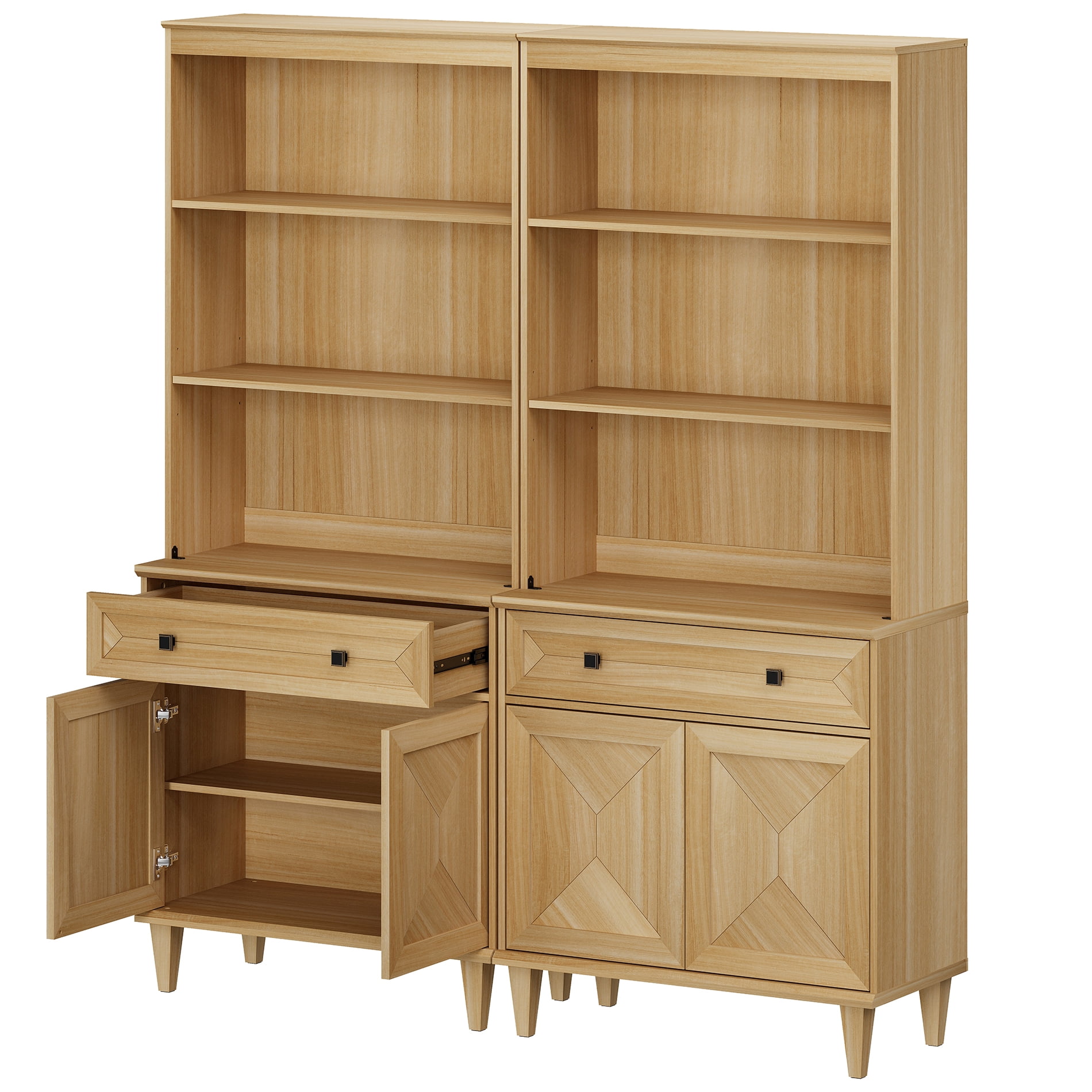 WAMPAT Handmade Patchwork 63" Wide Tall Bookshelf with Cabinets, Oak