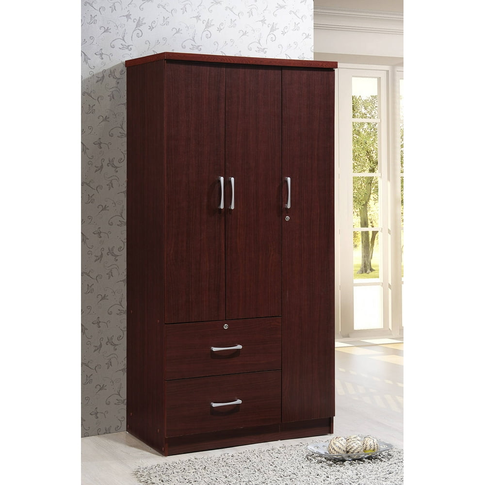 Hodedah 3 Door Bedroom Armoire with Drawers, Mahogany Finish Walmart