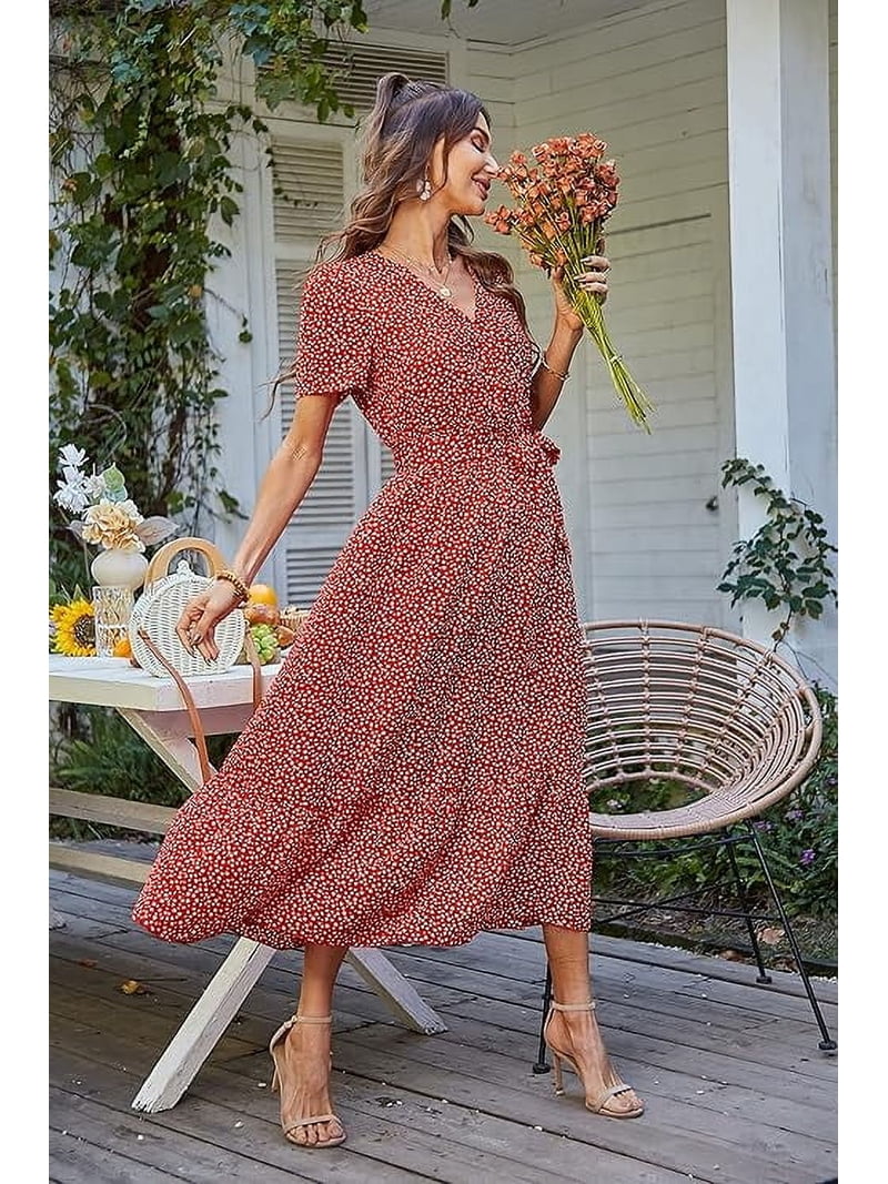 boho dresses walmart Prettygarden Women's Floral Dress Wear To Work Wrap V Neck Short Sleeve Belted Ruffle Hem A-Line Flowy Maxi Dresses, Size: Small, Red Women's Orange Asymmetrical Summer Loungewear Type: Nightdress Color:Multicolor_2 L=US 12