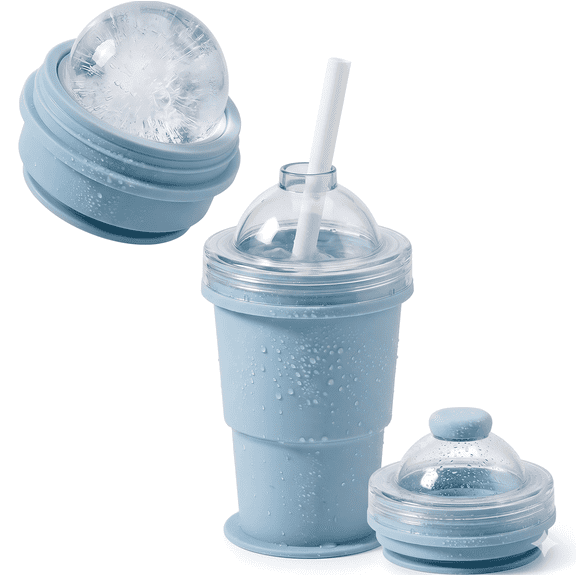 2-in-1 Collapsible Silicone Cup & 6cm Large Ice Ball Maker, 9.3oz (275ml) Compact Travel Bottle with Straw, BPA-Free & Leak-Proof, Perfect for Iced Coffee & Whiskey, Blue