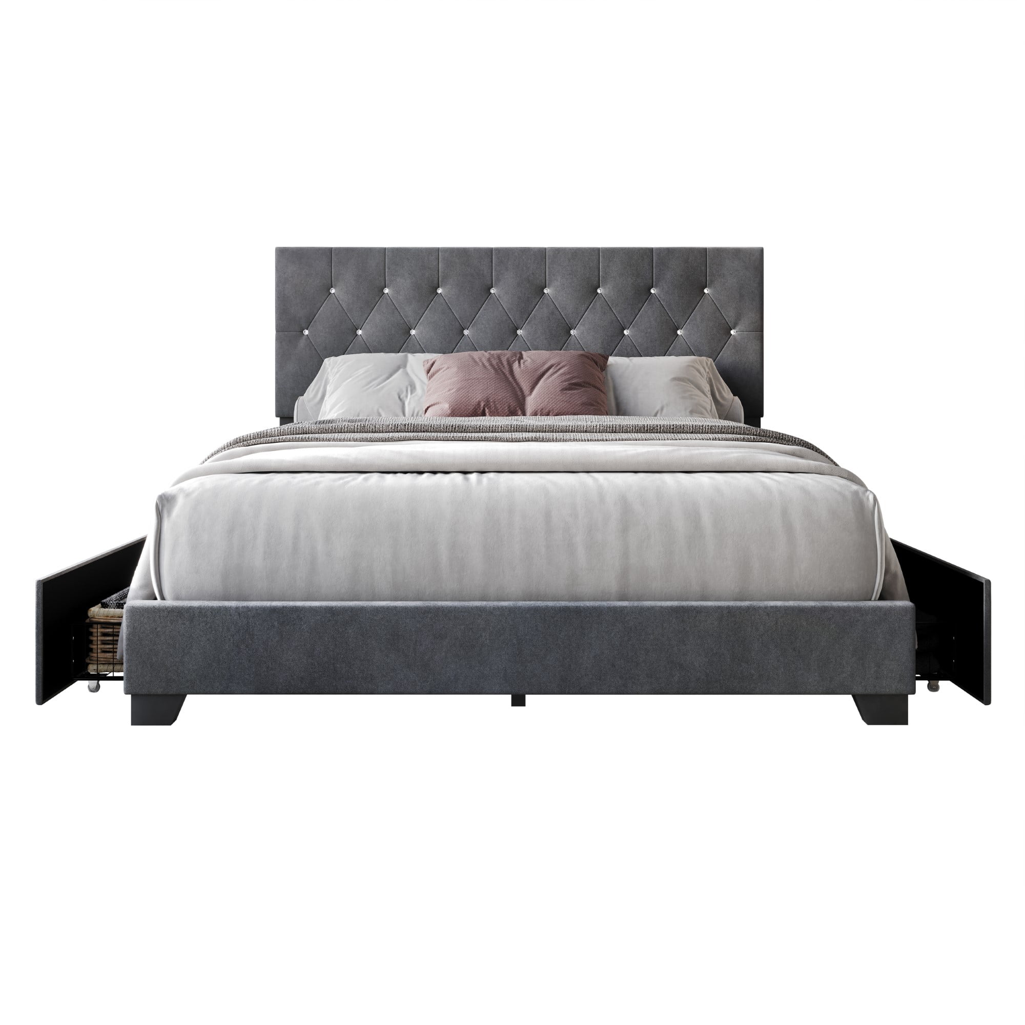 Home Design Sheffield Full Tufted Upholstered Storage Platform Bed Frame with Diamond Button-Tufted Headboard and Four Under-Drawers, Dark Gray, Easy Assembly