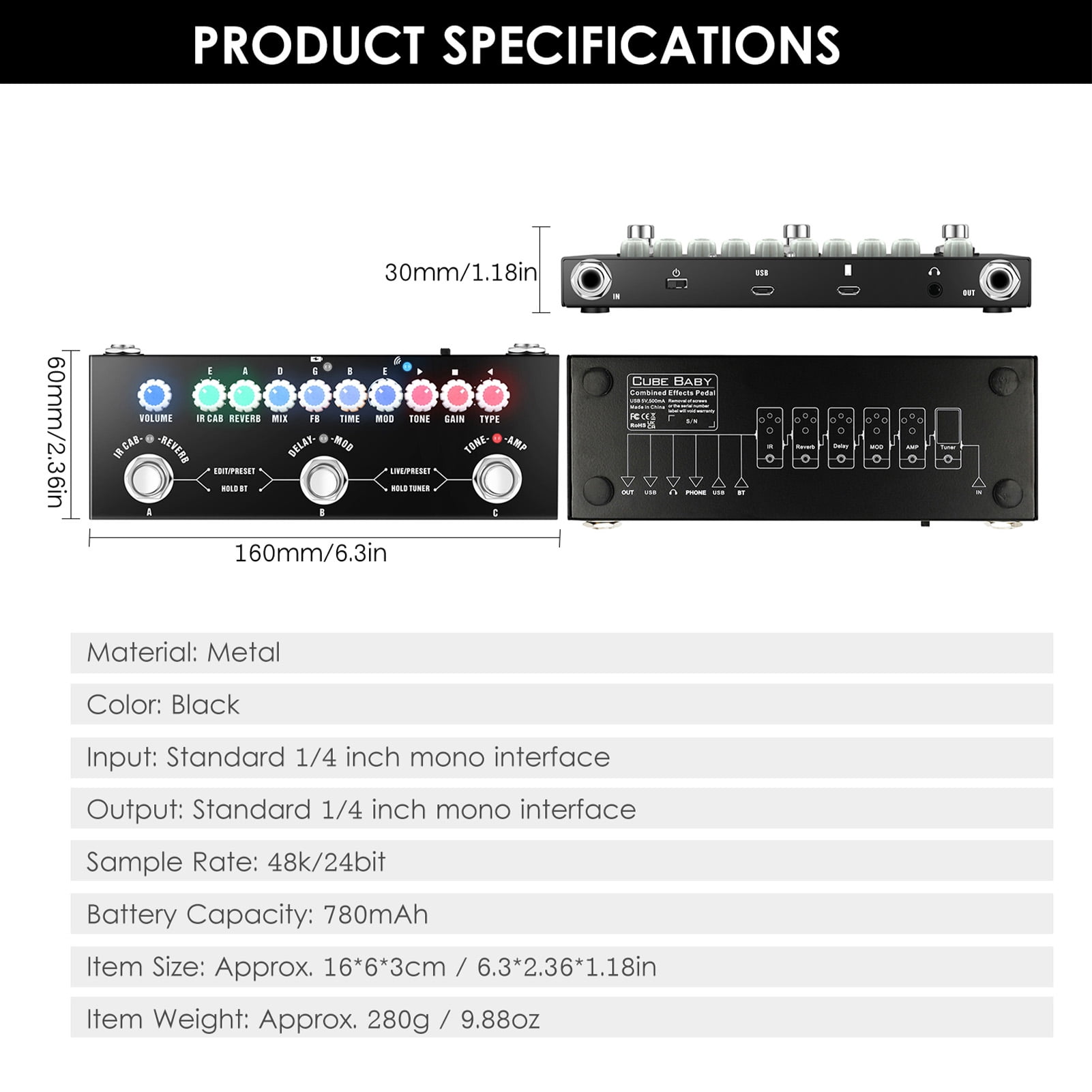 Guitar Effects Pedal Pedal CUBE BABY Portable Multifunctional Electric Guitar Combined Effect Pedal with Wireless Music Playback Phone Recording Audio Type-C Interface Function