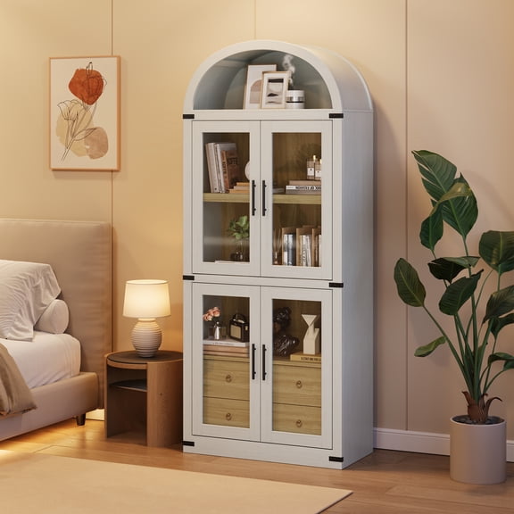 AOILE 71.4" Arched Wood Bookcase with Doors and Drawers, Farmhouse Pantry Cabinet, Modern Display Storage Cabinet for Kitchen, Dining Room, Living Room